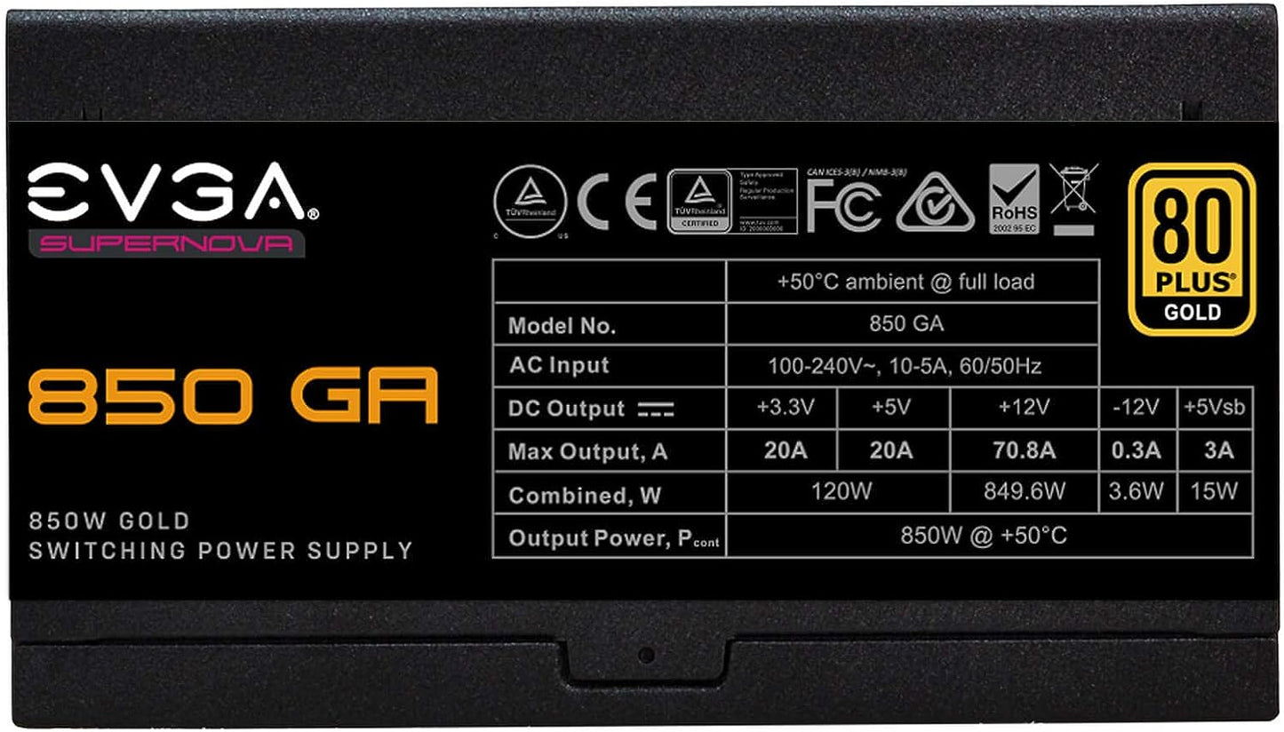 EVGA SuperNOVA 850 Ga, 80 Plus Gold 850W, Fully Modular, ECO Mode with Dbb Fan, Compact 150mm Size, Power Supply 220-GA-0850-X1