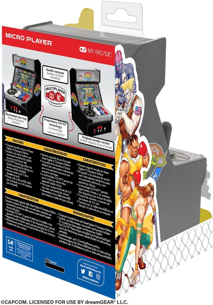 My Arcade Street Fighter 2 Champion Edition Micro Player-Fully Playable, Includes CO/VS Link for Multiplayer Action, 7.5 Inch Collectible, Full Color Display, Battery or Micro USB Powered